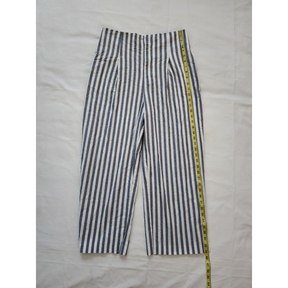 ZARA Women's Blue And White Striped Wide-Leg Pleated Cropped Pants Size Large - Picture 14 of 15